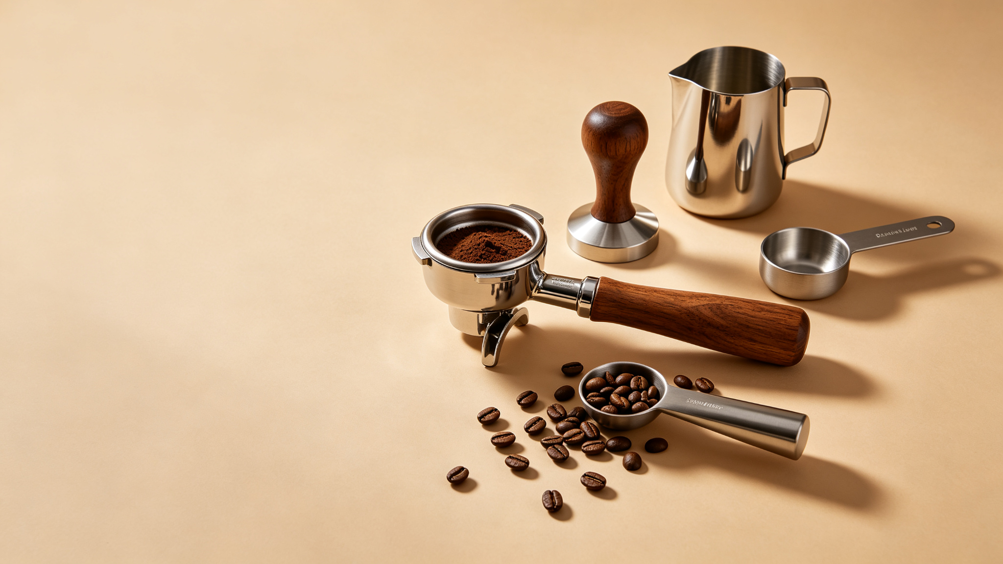 Cenhong premium espresso tools — portafilter, tamper and milk pitcher on a warm studio background
