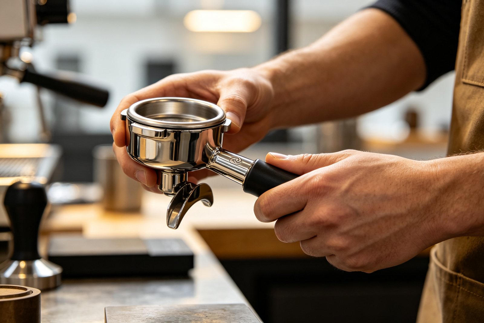 Barista hands preparing a custom Cenhong portafilter at the bar