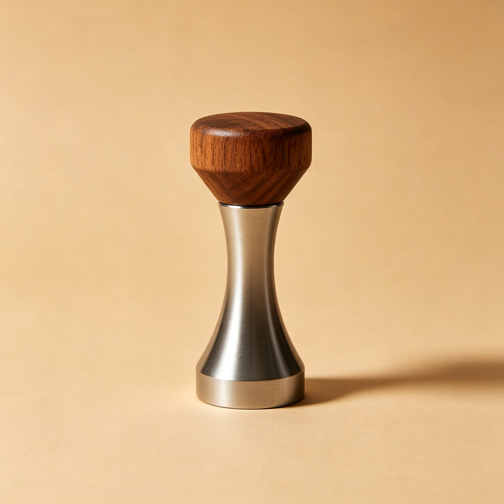 Stainless steel coffee distribution leveler with walnut top